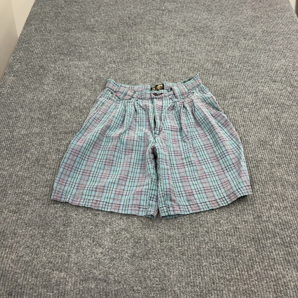 Vintage Fluid Shorts Mens 31 Blue Ramie Cotton Plaid Pleated Casual Retro